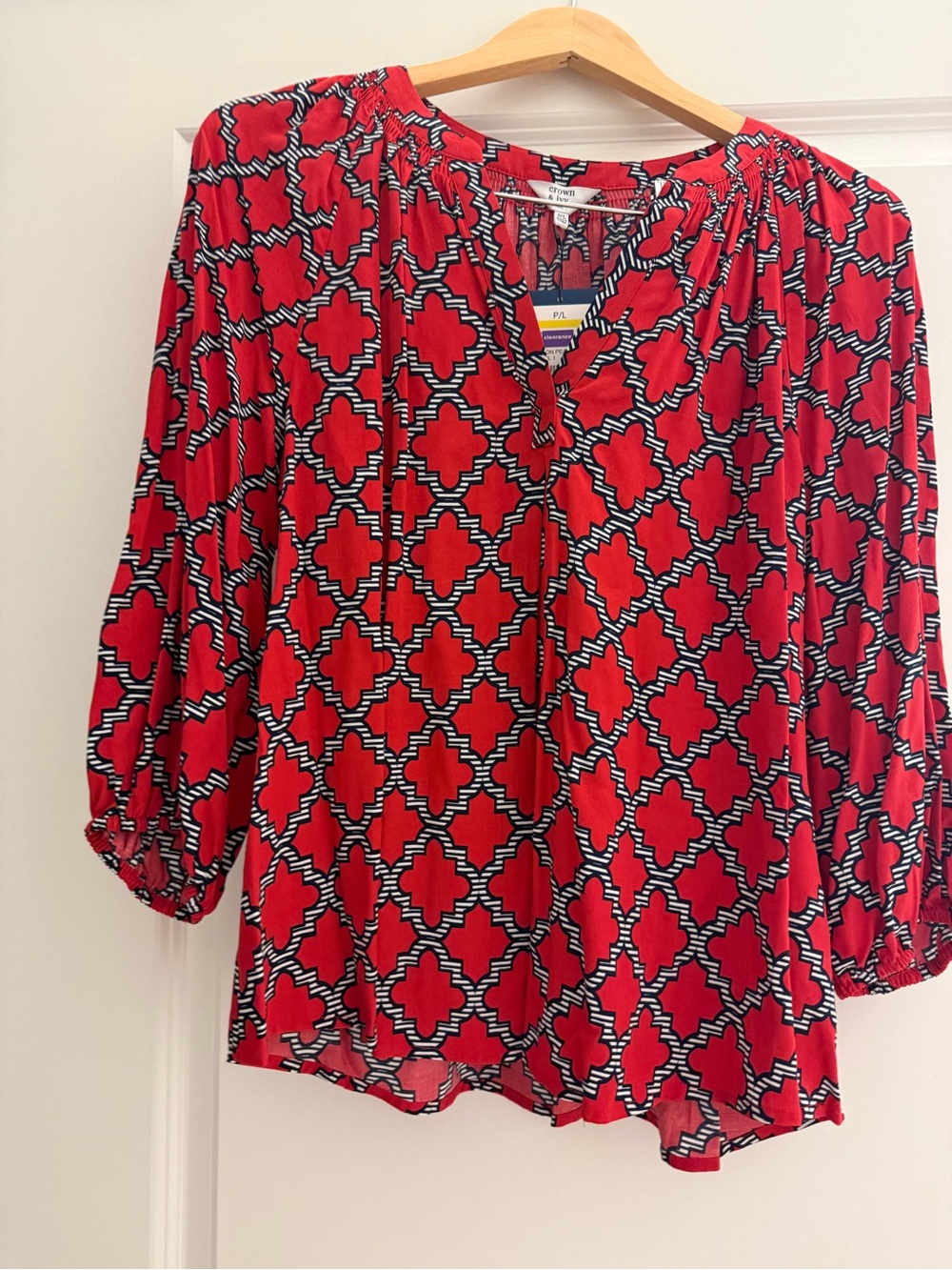 crown & ivy Red and Black Geometric V-Neck Blouse
